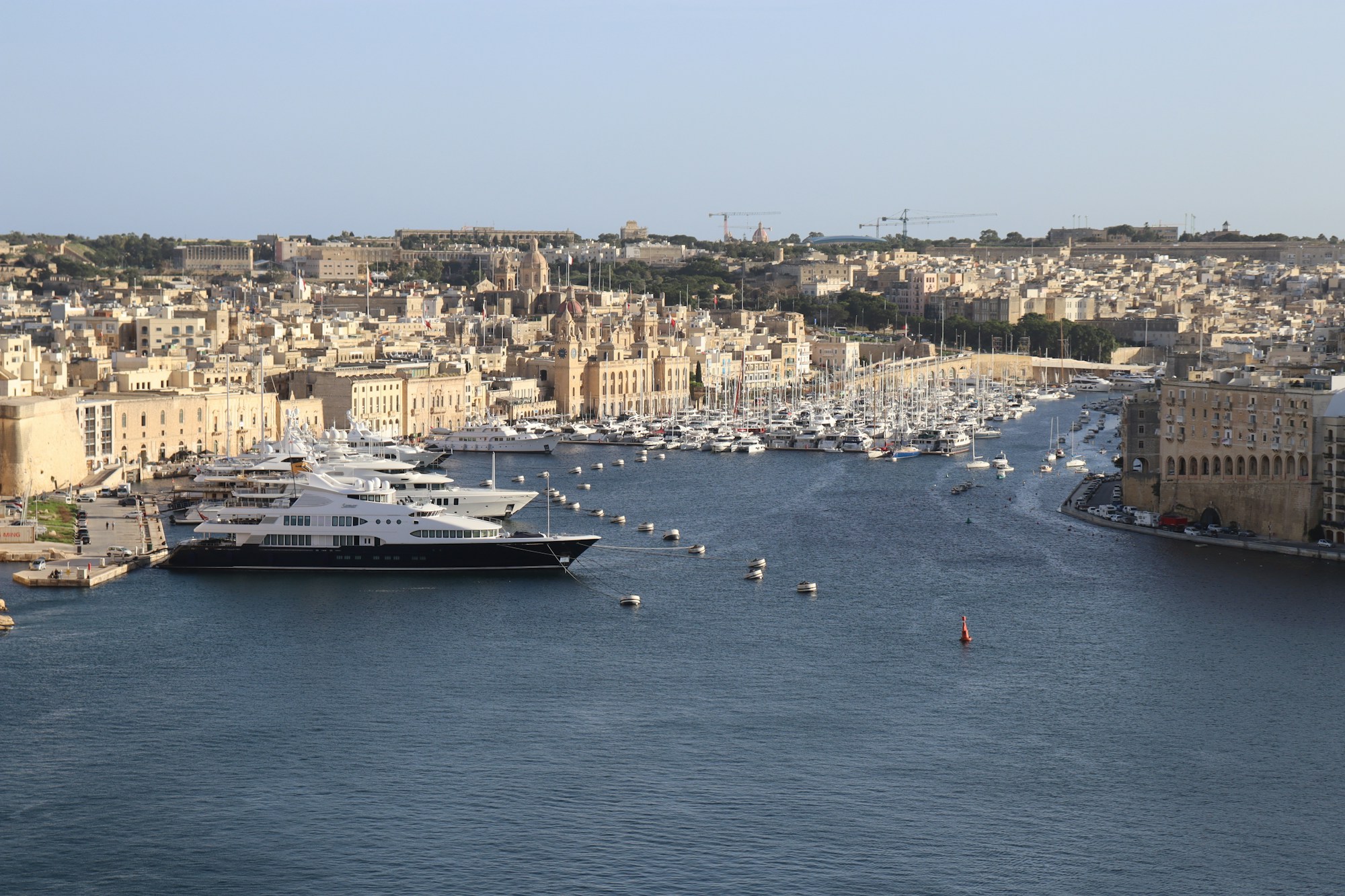 Grand Harbour view of Birgu's Vittoriosa Waterfront with the yacht marina and limestone buildings
